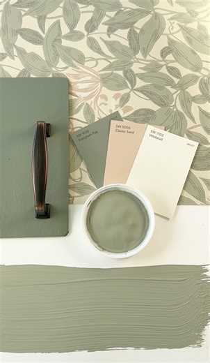 Evergreen Fog by Sherwin Williams is a soft, muted green with gray undertones, making it a perfectly balanced shade that’s not too bold or overwhelming. This calming color works beautifully in spaces where you want to create a sense of tranquility—think bedrooms, living rooms, or even a cozy reading nook. ✨ Would you like a link to the wallpaper, swatches, cabinet color, or hardware? Type FOG in the comments. ♥️Follow Simplee DIY for more paint and decor inspo. #Wallpaper #wallpapersticker #wall