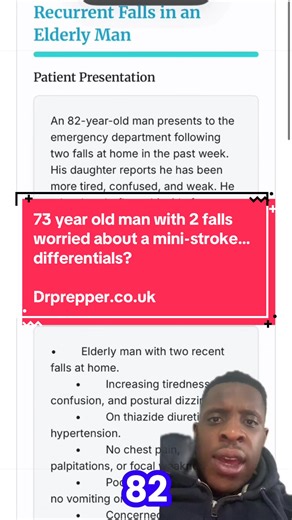 Love this one — proper geriatrics meds electrolytes trap case 🔥 Here you go in your exact format. 💡 CASE CHALLENGE: Recurrent falls in an elderly man This is NOT automatically a stroke. Pause and think: 82-year-old with 2 falls this week Increasing confusion tiredness On thiazide diuretic Postural hypotension Dry skin Bloods: hyponatraemia hypokalaemia 🧠 What’s going on here? Key differentials: TIA / stroke Medication-induced electrolyte imbalance 🚨 Dehydration Delirium secondary to metaboli