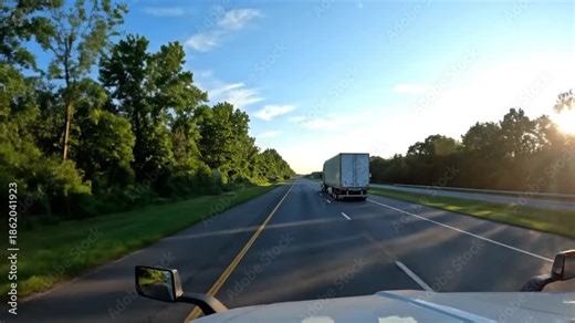 A wide-angle, driver's point of view captures a semi-truck traveling along a multi-lane highway during the golden hour. The perspective is from the cockpit of a following vehicle, showing part of its