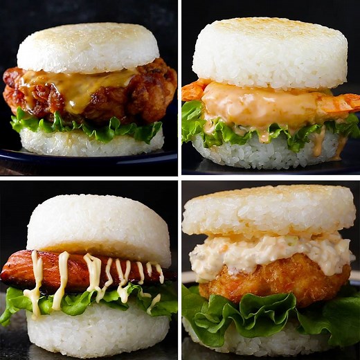 Rice burgers are so trendy and now you can make one at home! 🍔🍚 FULL RECIPES: https://tasty.co/compilation/japanese-rice-burgers-4-ways | Tasty