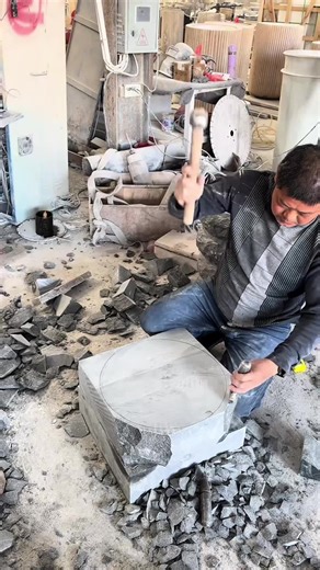 Hand Shaping a Round Granite Stone Pedestal for Outdoors