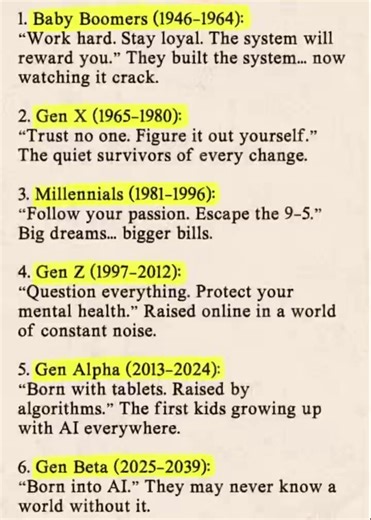 This generation stuff is such BS. I was born in 1963, now 63. My Philosophy is:Work Hard.Design your future.Trust no one.Figure it out yourself.Follow your passions.Escape the 9-5, FIRE.Big Dreams, Bigger Bills.Question Everything.Protect your mental health.Halt & Catch Fire.Helped create this on-line world y'all take for granted.Reality Exists.Logic is True. A=AOdds of Life: one in 1 x 10^800Inalienable Right to Life, Property, Liberty Norwegian resistance fighterNo more Kool-AidJustice for Vac