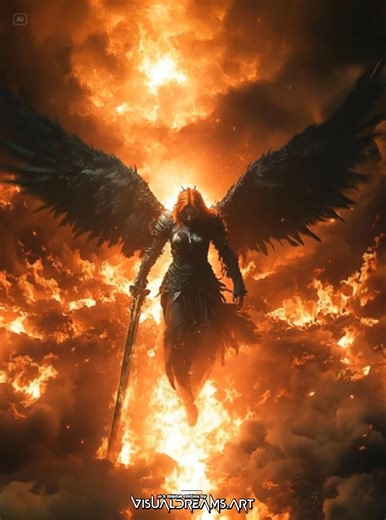 From the ashes of a burning world, an angel rises, not falling, but reborn. Wreathed in flames that cleanse and consume, it is a symbol of power unbound, a phoenix made flesh, dictating the dawn and destruction of ages. | VisualDreams.art - Dragons & Fantasy Creatures - AI