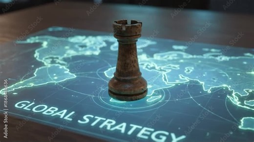 Global Strategy Concept: Chess Rook on Illuminated World Map Projection with 'Global Strategy' Text, Symbolizing International Business Planning