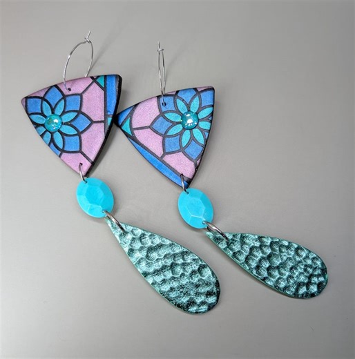 Aqua & Pink "stained Glass" Polymer Clay Statement Earrings Handmade With Vintage Connectors - Etsy