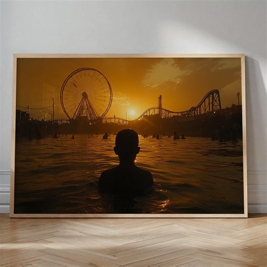 Golden Hour Amusement Park Sunset Poster, Beach Boardwalk Summer Print, Ferris Wheel Roller Coaster Wall Art, Dreamy Coastal Decor, Travel - Etsy