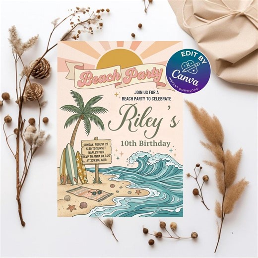 Editable Beach Birthday Invitation, Summer Pool Party Invite, Ocean & Tropical Birthday Template, Instant Download - Etsy