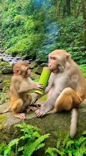 Baby Monkey Hands Smoky Bamboo to Adult Monkey—Then It Blows Up!
