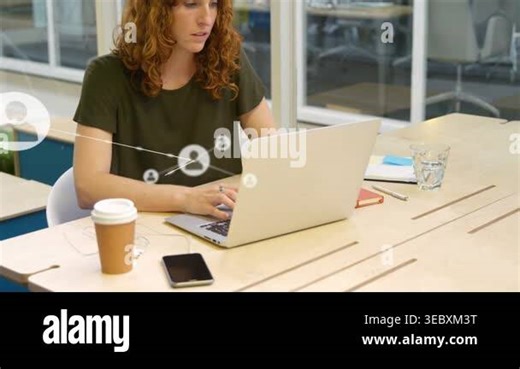 Woman typing on laptop, starting network overlay growing while grabbing cup, resuming for business. Coworking, productivity, focus, computer, coffee, notebook, glass Stock Video Footage - Alamy