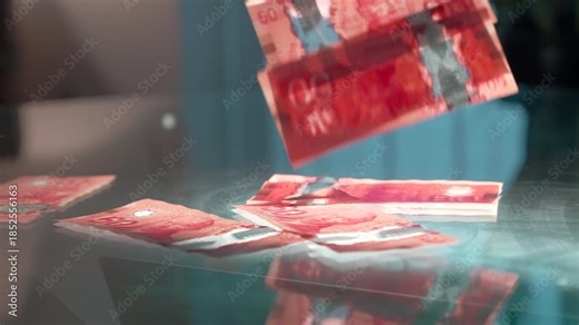 $50 Canadian money notes slowly falling onto a glass surface.
