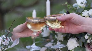 Just married bride and groom clink glasses with champagne closeup