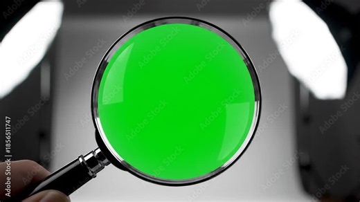 Green screen inside a hand-held magnifying glass, lit by studio lights