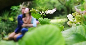 Romantic couple sitting together in park