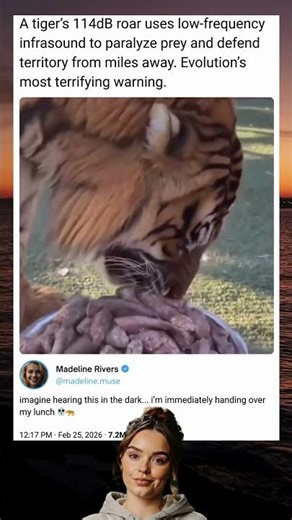 A tiger’s 114dB roar uses low-frequency infrasound to paralyze prey and defend territory...