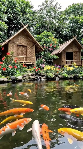 small bamboo houses with green trees and there is a big pond full of koi fish, splashing.