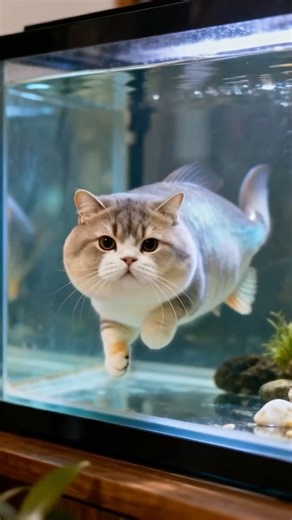 Catfish Fantasy: Whimsical Kitten Swimming in Aquarium 猫咪在鱼缸中游泳的奇妙场景 #cat #shorts #viralshorts