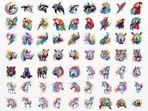Watercolor Rainbow Animals Clipart, Colorful Animal Illustrations, Rainbow Painted Animal Clipart, PNG Graphics, Commercial Use Animal PNG - Etsy