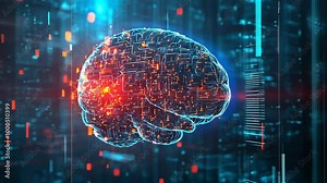 A digital rendering of a human brain, showcasing the complexity of neural networks, against a backdrop of binary code
