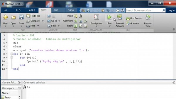 BUCLE ANIDADO TABLAS DE MULTIPLICAR EN MATLAB
