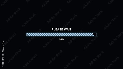 Sleek loading process animated in dark theme, with a progressbar showing completion and the words Please Wait