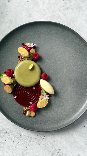 Fred Csibi-Levin on Instagram: "Plated Raspberry Pistachio - This plate showcases a déclinaison of raspberry and pistachio, one of the best combinations! - Pistachio Components: Brown butter pistachio cake, Pistachio vanilla diplomat, Roasted pistachios, Pistachio ganache - Raspberry Components: raspberry confit, fluid gel, Fresh raspberries - Others: Shortcrust, Vanilla ice cream, Spiced crumble, Micro flowers/ greens @prova_gourmet Natural Pistachio Aroma and Caviani (vanilla bean) @silikomart