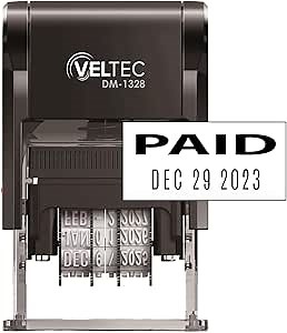 Veltec Self-Inking Rubber Date Stamp with Phrase and Date (Black, Paid)