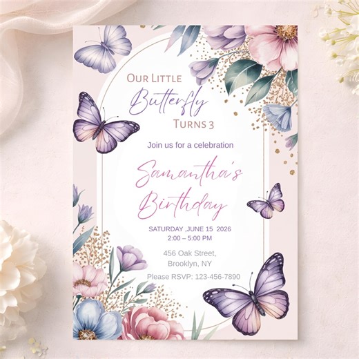 Butterfly Birthday Invitation | Editable 3rd Birthday Girl Invite | Floral Butterfly Party | Instant Download Canva - Etsy