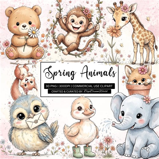 30 Spring Animals Clipart Bundle, Whimsical Woodland PNG, Cute Spring Illustrations, Watercolor Woodland Animals Cliparts, Nursery Designs