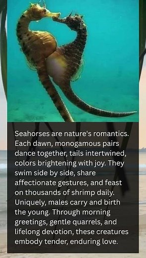 A rare moment captured:the female seahorse transferring eggs to her mate, who'll carry them to birth