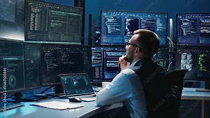 Software Developer Analyzing Code on Multiple Monitors, Programmer Reviewing Code on Computer Screens, IT Specialist Working with Multiple Displays