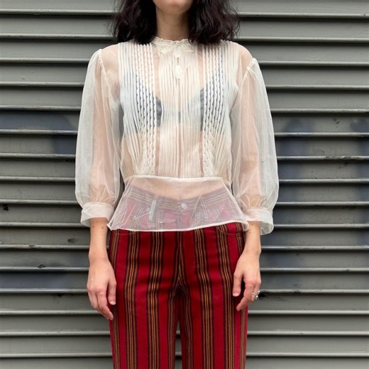 80's Vintage Pleated Organza Blouse: Sheer Cuffed Sleeves - Etsy