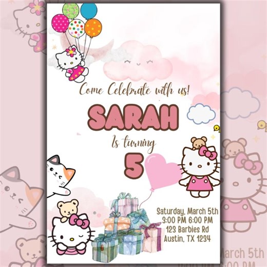 Hello Kitty Birthday Party Invites for Kids, Printable Digital Kids Invitation Editable, Canva Template (instant Download) - Etsy