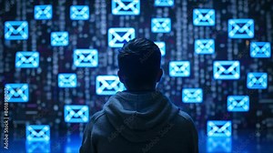 Hacker outline on screen with flagged threat emails, rear angle, hidden cyber