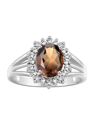 RYLOS Rings for Women Sterling Silver Ring Princess Diana Inspired 9X7MM Gemstone & Halo of Diamonds June Smoky Quartz Jewelry for Women Size 8