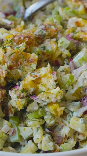 Comment "Save" This homemade Smashed Potato Salad is exactly as delightful as it sounds! Recipe: https://natashaskitchen.com/smashed-potato-salad/ | NatashasKitchen.com