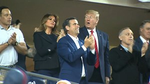 This is how Donald J. Trump reacted to being booed by the crowd at a World Series baseball match before chants of "lock him up" rang out. | ITV News
