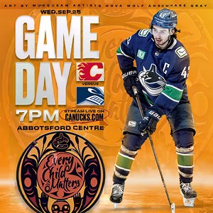Tonight, we honour Truth and Reconciliation in Abbotsford. 🧡 🆚 Calgary Flames ⏰ 7:00 PM PT 📍 Abbotsford, BC 💻 Stream live on canucks.com TICKETS AVAILABLE | canucks.com/tickets | Vancouver Canucks