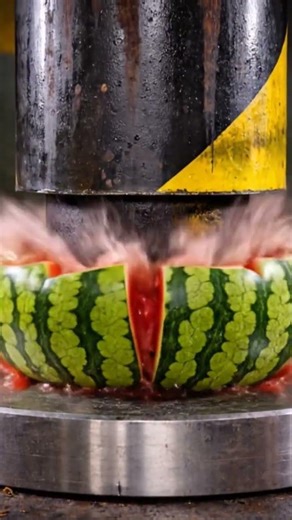 A fresh watermelon positione beneath a hydraulic press🍉#ai #satisfying #trending #relaxing #virals