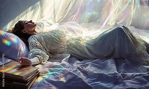 Woman in a White Dress Sleeping in a Bed with Rainbow Light