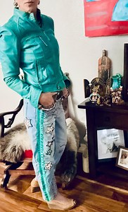 Reworked Barrel Jeans: Hand-cut Denim Appliqué and Velvet Stripes, Light Wash - Etsy