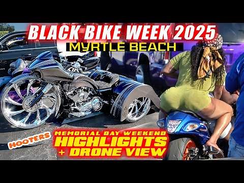 [ 4K ] MYRTLE BEACH BLACK BIKE WEEK 2025 Highlights PT.1 | Custom Bikes & Baggers Takeover Hooters!