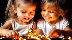 Sparkling Joy: Two adorable little girls, their faces lit by warm fairy lights, share a moment of pure happiness and playful discovery, radiating joy and innocence.