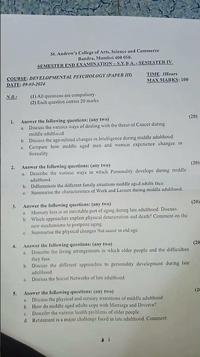 Developmental psychology paper 3 question paper, 2024 .4th semester B.A