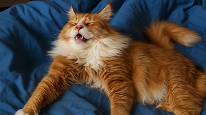 Sleeping Fluffy Orange Cat On A Blue Blanket | Funny Cat Videos