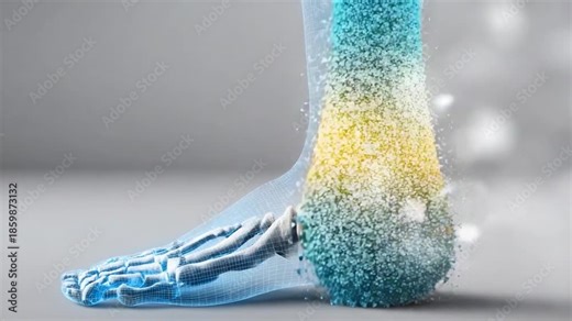 Anatomical Illustration of Human Foot: A detailed illustration shows the complex structure of a human foot, with bones and ligaments clearly delineated.