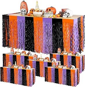 6 Pack Halloween Table Skirt Party Decorations Orange Purple and Black Wavy Metallic Tinsel Foil Fringe Table Skirt for Rectangle Round Tables for Halloween Party