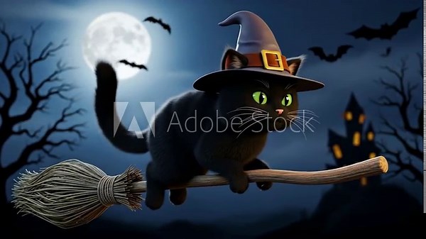 Halloween Cat Witch Flying on Broom - A charming 3D video of a black cat dressed as a witch, wearing a hat and flying on a broom.