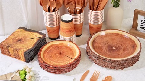 Kochorie 400 Pieces Wood Slice Disposable Tableware Sets, Rustic Wood Party Supplies with Plates Cups Napkins Cutlery Serves 50 for Birthday Hunting Forest Themed Party Decorations