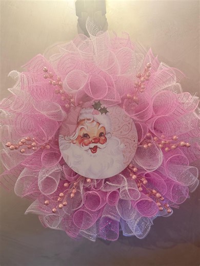 Pink Christmas Wreath – Handmade Deco Mesh, Vintage Santa Face - Etsy