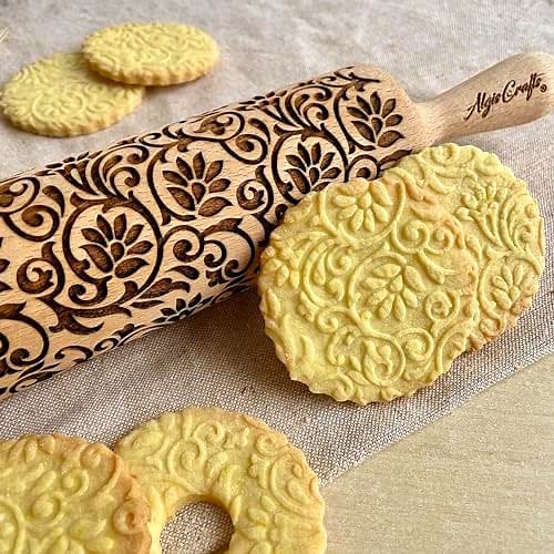 FLOWERING VINE Embossing Rolling Pin. Laser Engraved Dough Roller with Climbing Flowers Pattern for Embossed Cookies or Pottery by Algis Crafts